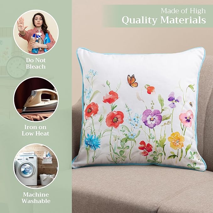 Maison d' Hermine Decorative Pillow Cover 100% Cotton 18 Inch x 18 Inch Square Toile Washable Cushion Covers with Invisible Zipper for Couch, Bedroom, Home, Summer Whisper