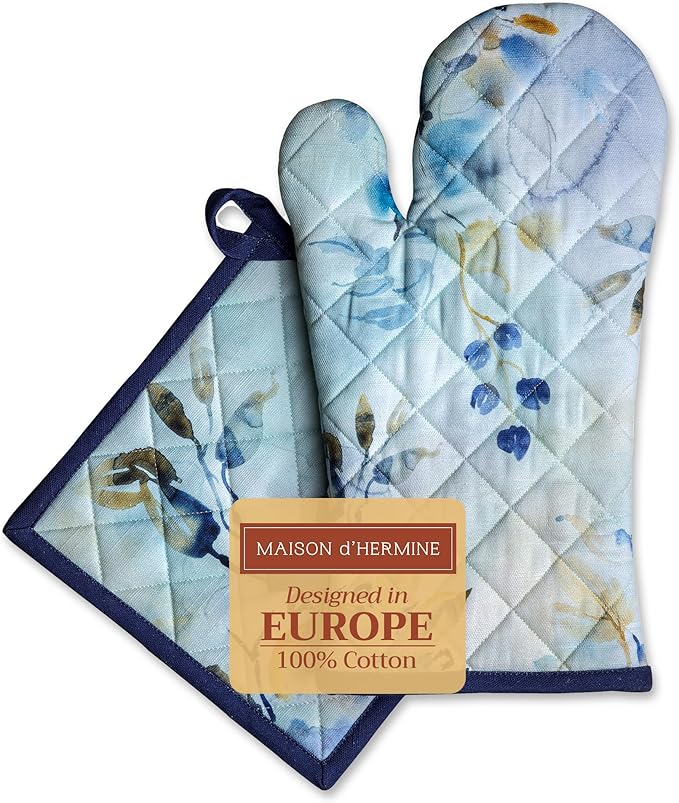 Maison d' Hermine 100% Cotton Oven Mitt & Pot Holder Set (7.5"x13" & 8"x8") Heat Resistant BBQ Cooking Gloves with Loop, Baking, Grilling, Kitchen, Handling Hot Pans Spring/Summer (Lazy Summer Days)