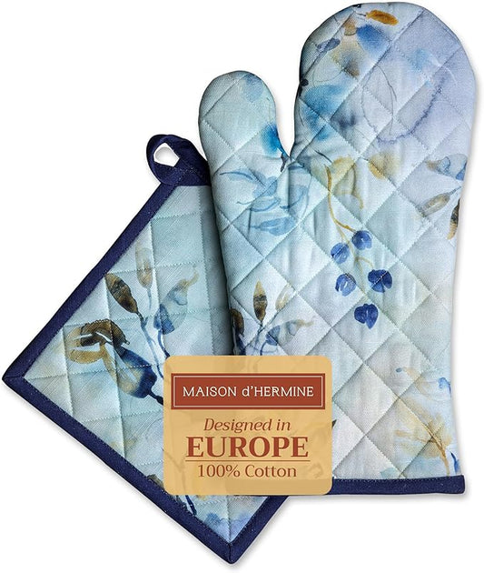 Maison d' Hermine 100% Cotton Oven Mitt & Pot Holder Set (7.5"x13" & 8"x8") Heat Resistant BBQ Cooking Gloves with Loop, Baking, Grilling, Kitchen, Handling Hot Pans Spring/Summer (Lazy Summer Days)