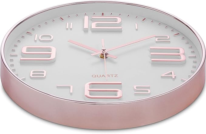 Bernhard Products Rose Gold Wall Clock 12 Inch Silent Non-Ticking Quality Quartz Battery Operated Easy to Read Decorative Modern Design for Home/Office/Kitchen/Bedroom/Living Room (Rose Gold & White)