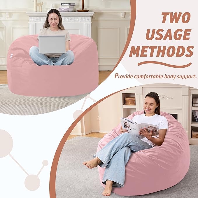 3FT Bean Bag Chair with Ultra Soft Velvet Cover Bean Bag Sofa with Memory Foam Bean Bag Chairs with Large Size Lazy Sofa for Dorm Office Living Room Bedroom Light Pink 3'