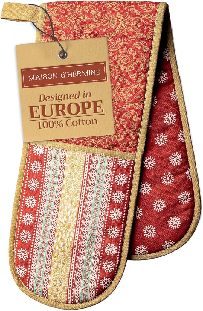 Maison d' Hermine Double Oven Mitt (7" x 35") 100% Cotton Heat Resistant BBQ Cooking Gloves with Loop for Thanksgiving Christmas Decorations Baking Cooking Barbeque Handling Hot Pan (Sofia)