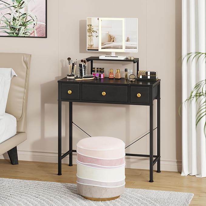 Small Makeup Vanity Desk 27.5''W with Mirror and Lights, Vanity Desk with 3 Fabric Drawers and Height-Adjustable Stand, Vanity Table for Girls Gifts, Bedroom and Small Spaces, Black