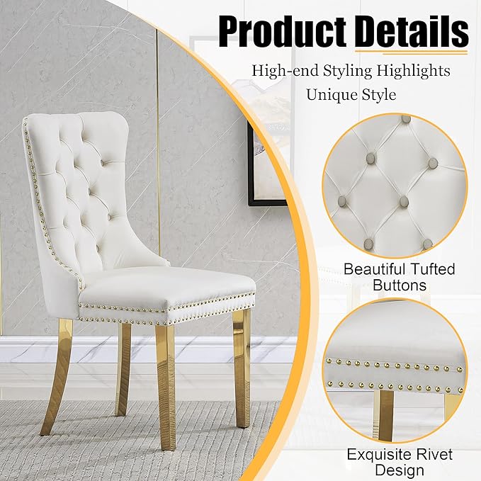 3 Piece Glass Dining Table Set, 35" Square Glass Kitchen Table with 2 White Velvet Upholstered Chairs, Gold Dining Table for 2 with Chairs Set for Kitchen, Living Room