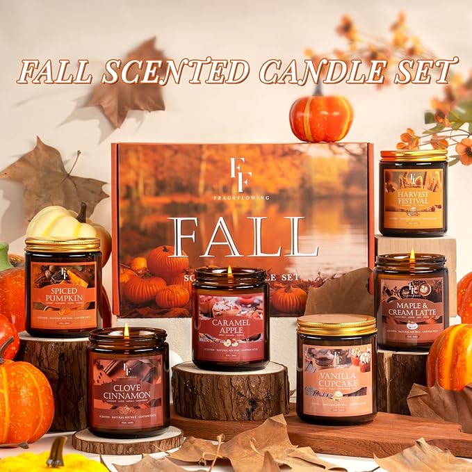 Fall Candles Set, 6 Pack Candles for Home Scented Natural Soy Wax, Autumn Gifts Set for Women Men, Fall Fragrance of Pumpkin/Cinnamon/Vanilla Cupcake/Apple/Harvest/Latte