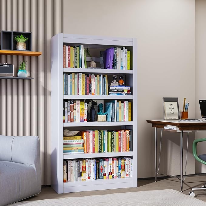 Metal Bookshelf, 5-Tier Bookcase, Modern Bookshelves with Adjustable Shelves, White Bookshelf for Home Office, Living Room, Garage, Small Space Living