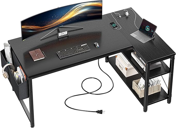 EnHomee 48 Inch L Shaped Gaming Desk, Computer Desk with Storage Shelves & Side Bag, Office Desk with Power Outlets, Small Corner Desk for Small Space Home Office Bedroom, Study Writing Table, Black