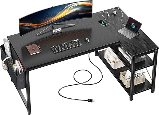 EnHomee 48 Inch L Shaped Gaming Desk, Computer Desk with Storage Shelves & Side Bag, Office Desk with Power Outlets, Small Corner Desk for Small Space Home Office Bedroom, Study Writing Table, Black