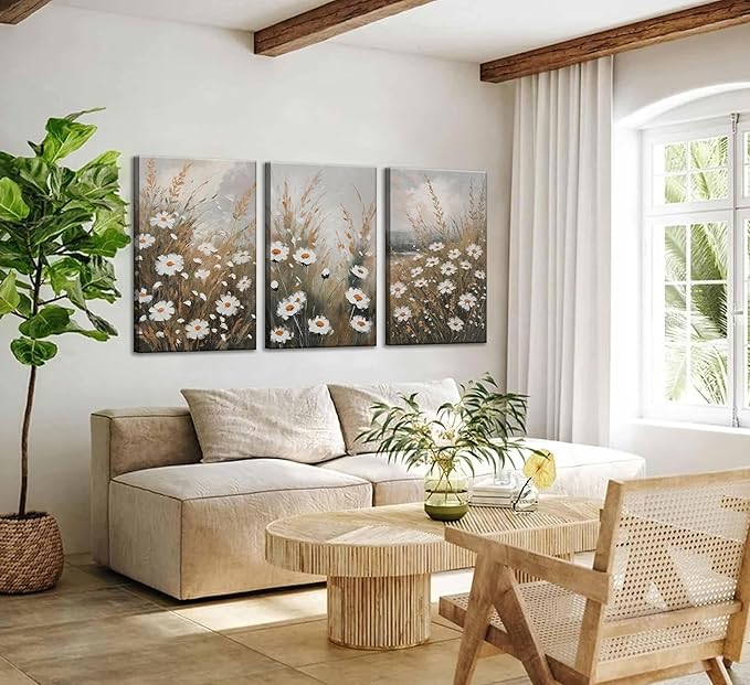 3 Pcs Vintage Wildflowers Field Canvas Wall art Farmhouse Rustic Wildflower Nature Landscape Painting Pictures Wall Decor Posters Print Artwork for Living Room Bathroom Home Decoration