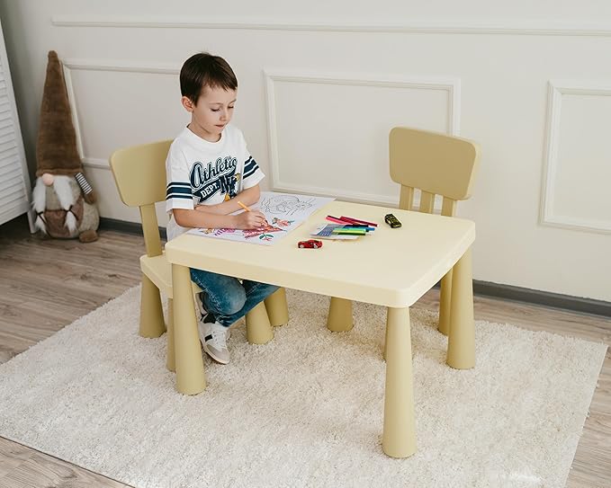 Toddler Table and Chair Set with Storage Drawer, Height-Adjustable Kids Desk and Chair Set for Ages 2-8, Easy-Clean Children’s Table and Chairs with Sturdy Legs & Round Corners
