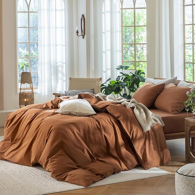 MooMee Bedding Duvet Cover Set 100% Washed Cotton Linen Like Textured Breathable Durable Soft Comfy (Solid Dark Orange, Queen 90"x90")