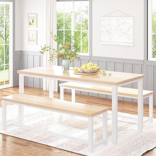 Recaceik Dining Table Set with Bench, 3 Pieces Dining Furniture Set Kitchen Table Set Sturdy Structure Space-Saving Dinette for Kitchen, Dining Room Breakfast Nook, Living Room, Beige