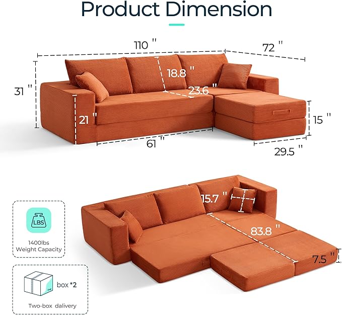 LINSY HOME Modular Sectional Sleeper Sofa Convertible Sofa Bed with 2 Pillows & Ottoman, L Shaped Folding Sofas Corduroy Couch Bed Compression Floor Sofa for Living Room Apartment (Orange)