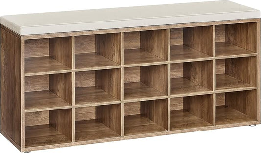 VASAGLE CUSTOS Collection - Shoe Bench, Storage Bench with Padded Seat, Entryway Bench with 15 Compartments, for Bedroom, 11.8 x 41.3 x 18.9 Inches, Honey Brown and Cappuccino Beige ULHS015K02