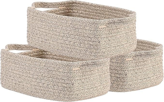 KALLAX Small Woven Basket, 12 x 8 x 4.5 Inches, Small Storage Baskets for Organizing, Gift Baskets Empty, Cute Rope Shelf Closet Storage Bins for Shelves, Dog Toy Basket, 3 Packs, Mixed Brown