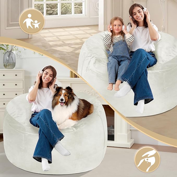 Homguava 3FT Bean Bag Chair: 3' Bean Bags with Memory Foam Filled, Large Beanbag Chairs Soft Sofa with Dutch Velet Cover-Beige