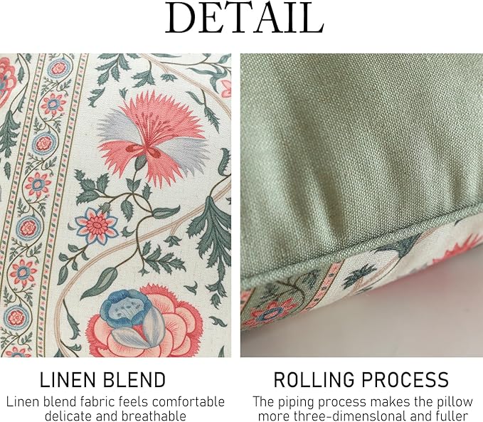 Design Lumbar Retro Elegance Linen Throw Pillow Covers 12"x28" Pack of 2, Green Pink Floral Pattern Cushion Covers Rectangle Decor Pillowcases for Bed,Living Room,Outdoor,Car