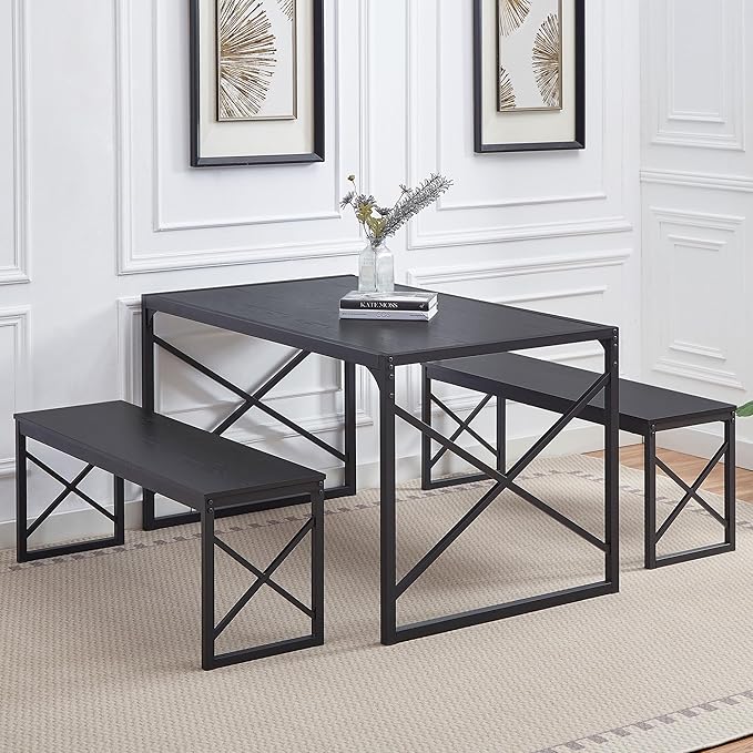 VECELO Kitchen Dining Table Set for 4 to 6, 55" Wood Dinette 2 Benches with Metal Frame for Dinner Breakfast Nook and Small Space, Black