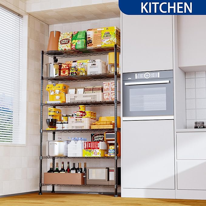 REGILLER 6-Wire Shelving Metal Storage Rack Adjustable Shelves,Standing Storage Shelf Units for Laundry Bathroom Kitchen Pantry Closet(Black,14.1" D x 36.1" W x 72" H)