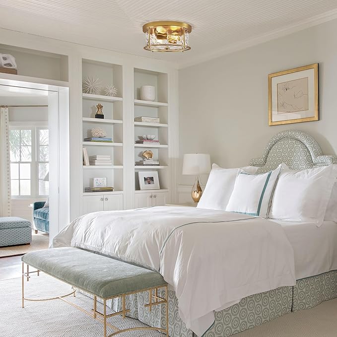 LamQee Flush Mount Ceiling Light with Clear Hammered Glass, Industrial 2-Lights Farmhouse Close to Ceiling Light Fixtures Round Low Profile Lights for Kitchen Hallway Foyer Entrance Bedroom Gold