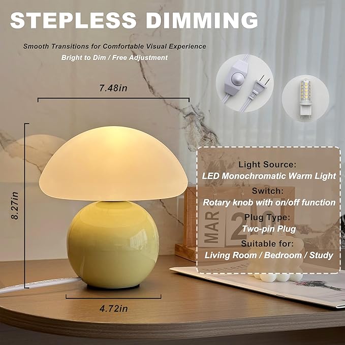 Mushroom Lamp Ceramic Base,Yellow Cute 70s Mid Century Modern Decor Lamp for Bedroom,Small Abstract Table Bedside Glass Mood Coze Fun Warm Light
