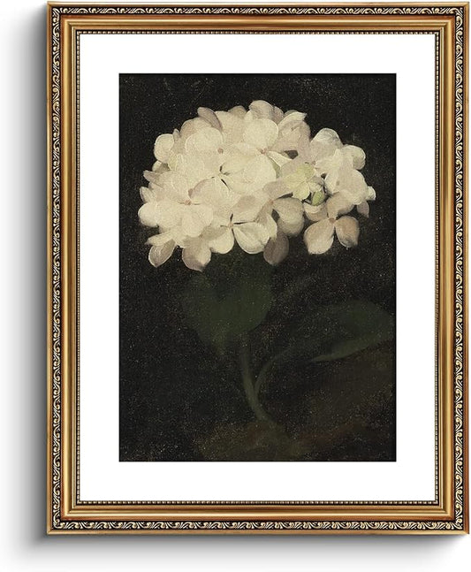 VIYYIEA Gold Framed Wall Art Canvas Print Home Decor Vintage Flower Art Aesthetic Room Decor White Hydrangea Oil Painting Canvas Prints Bedroom Bathroom Wall Decor Kitchen Office Floral Art 16x20in