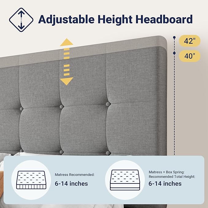Allewie Upholstered Queen Size Platform Bed Frame with 4 Storage Drawers and Headboard, Square Stitched Button Tufted, Mattress Foundation with Wooden Slats Support, No Box Spring Needed, Light Grey