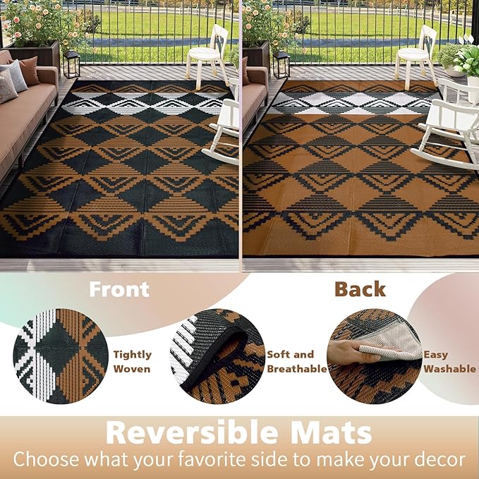 Beeiva Waterproof Outdoor Rug 6x9, Reversible Plastic Straw Rug for Camping, Modern Geometric Large Outside Patio Mat Outdoor Rugs for Porch, Deck, Backyard, Balcony, Picnic - Black & Brown
