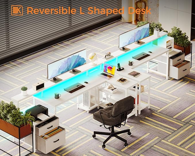 ODK L Shaped Desk with File Drawer, 75" Reversible L Shaped Computer Desk with Power Outlet & LED Strip, Home Office Desk with Storage Shelves, Gaming Desk with Monitor Shelf, Corner Desk, White