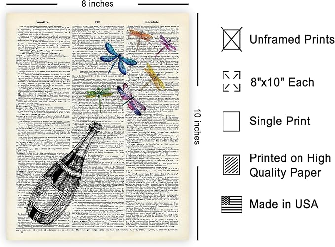 Poster Master Dictionary Art Poster - Champagne Bottle Print - Dragonfly Art - Alcohol Art - Gift for Men, Women & Bartender - Great Decor for Bar, Kitchen or Restaurant - 8x10 UNFRAMED Wall Art