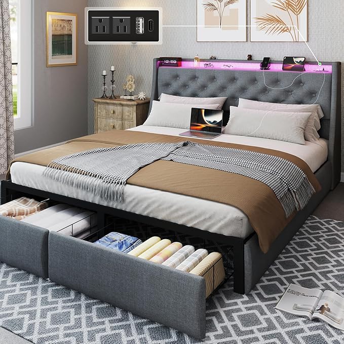 SADENICEL Queen Bed Frame with Storage Headboard and 2 Drawer, Metal Queen Size Bed Frame Platform with LED Light, Charging Station, No Box Spring Needed, Noise Free, Easy Assembly, Grey