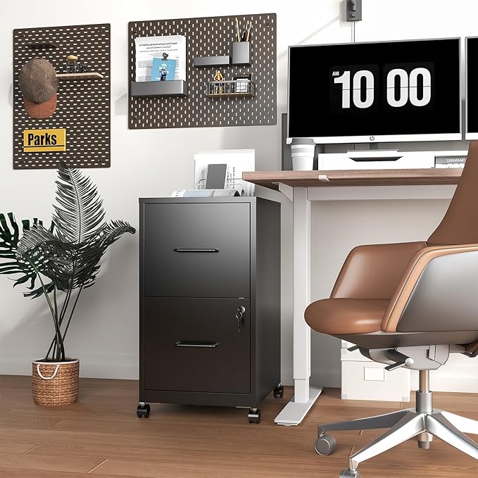 AQY 2 Drawer Mobile File Cabinet with Lock, Rolling Metal Filing Cabinet for Home Office, Vertical File Cabinet on Wheels, Small Black File Storage Cabinets for Legal/Letter/A4 Files Assembly Require