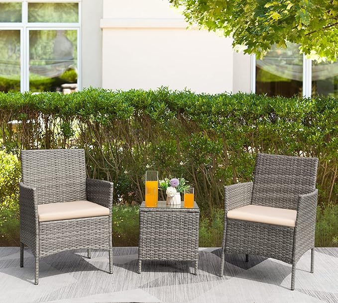 Greesum 3 Pieces Patio Furniture Sets Outdoor PE Rattan Wicker Chairs with Soft Cushion and Glass Coffee Table for Garden Backyard Porch Poolside, Gray and Beige