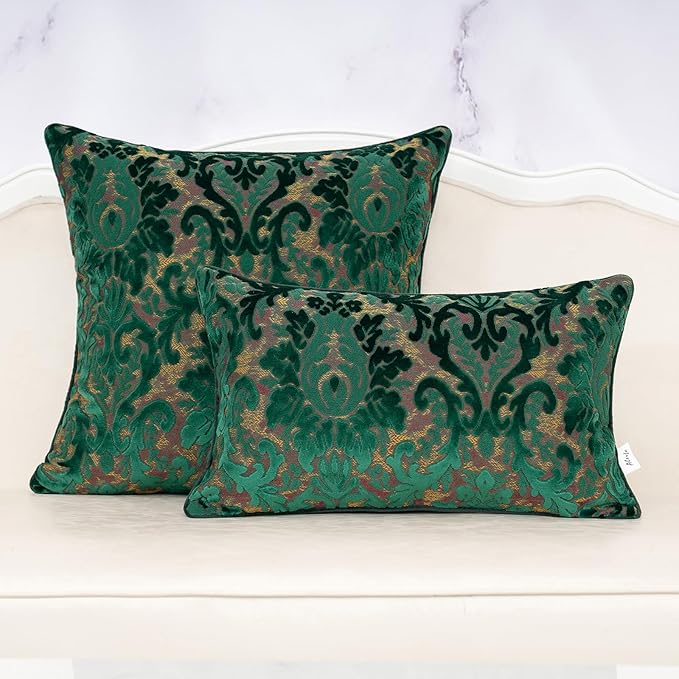 Alerfa Boho Green Floral Throw Pillow Cover 18x18 Inch Cut Velvet Sqaure Luxury Embroidered Decorative Pillow Cover for Couch Living Room Bedroom