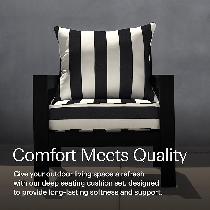 Honeycomb Outdoor Deep Seat, 24 x 23, Cabana Stripe Black & Ivory Chair Cushion for Patio Furniture