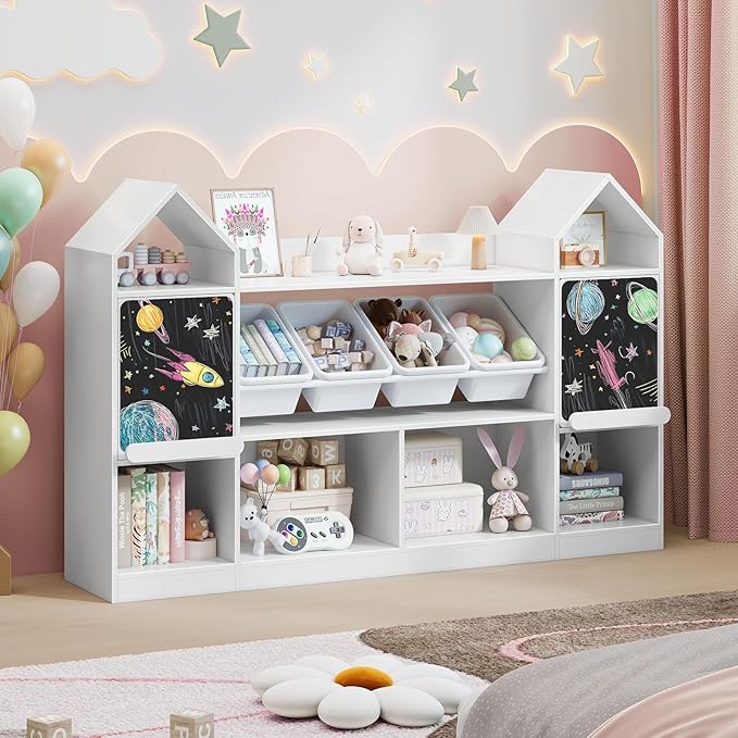 Vabches Castle Shape Children's Bookcase with Blackboard, Kids Bookshelf Display Case Kids Toy Storage Organizer Bookshelf Suitable for Playroom, Children's Room, Living Room, White