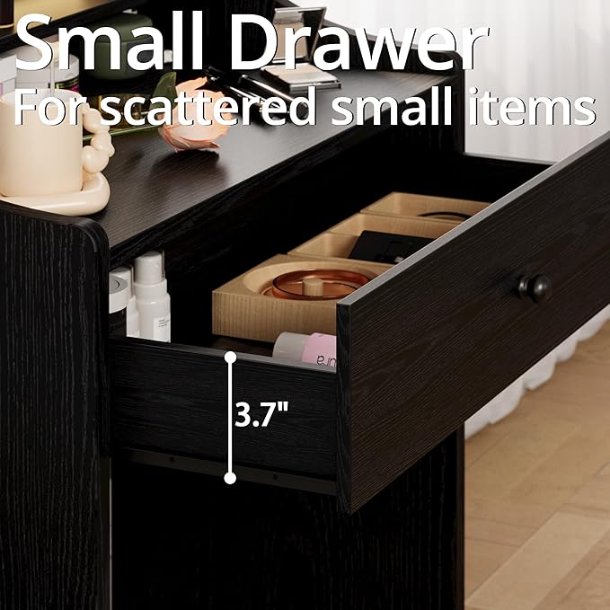 LIKIMIO Small Makeup Vanity Desk with Mirror and Lights, Vanity Table Set with Storage Drawer, Chair and Three Shelves, Bedroom, Black