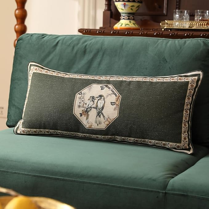 Design Linen Chinoiserie Lumbar Throw Pillow Covers 12"x28" Pack of 2, Farmhouse Cushion Covers with Yellow Floral Birds Pattern Decoration Pillowcases for Bed,Living Room,Outdoor,Car