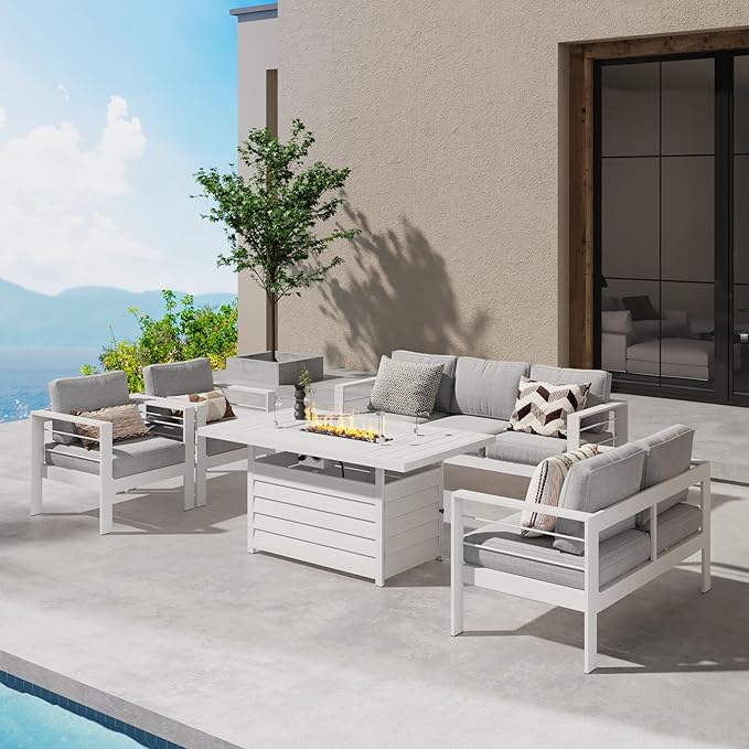 Wisteria Lane Aluminum Patio Furniture Set, 7 Seats Metal Outdoor Furniture Set with CSA Certified 54in Propane Gas Fire Pit Table, Patio Conversation Set with 5in Olefin Cover Cushions (White)