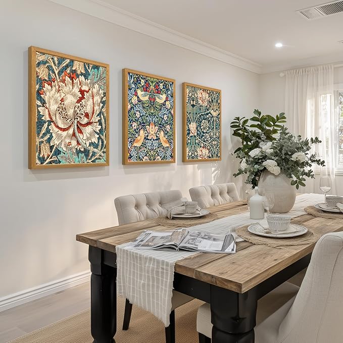 FASWQ Wood Framed William Morris Wall Art, Nouveau Vintage Botanical Wall Decor, Retro Intricate Floral Animal Canvas Painting, Retro Natural Flower Bird Poster Print for Living Room Bedroom 16"x24"x3