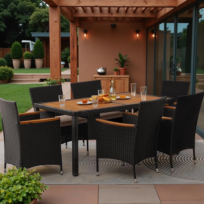 Greesum 7 Pieces Outdoor Patio Dining Set, Conversation Sets with 1 Table and 6 Rattan Chairs with Curved Acacia Wooden Armrests and Cushions, Black