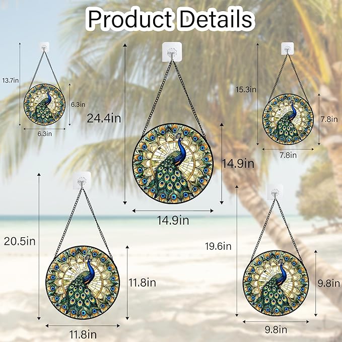 Stained Glass Window Hanging - Retro Peacock Decoration Suncatcher for Door Garden Home Bird Feather Sun Catchers Christmas Mother's Day Birthday Gifts for Women Men Mom Nana Friend 14.9 in