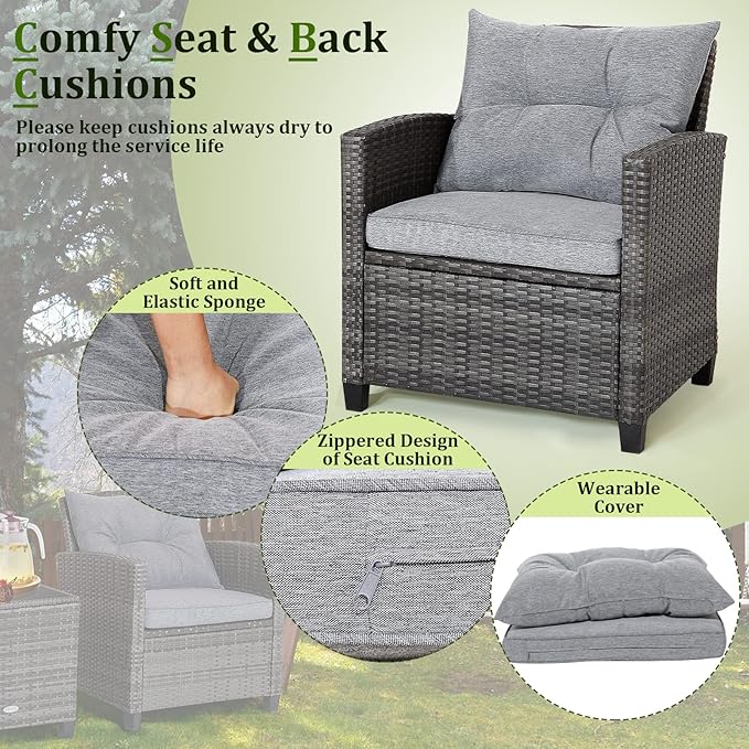 RELAX4LIFE Wicker Patio Furniture Sets - 3 Pieces Rattan Sofa Set, Outdoor Conversation Set with Tempered Glass Tabletop, Heavy-Duty Steel Frame, Wicker Chair Set for Poolside, Backyard, Grey