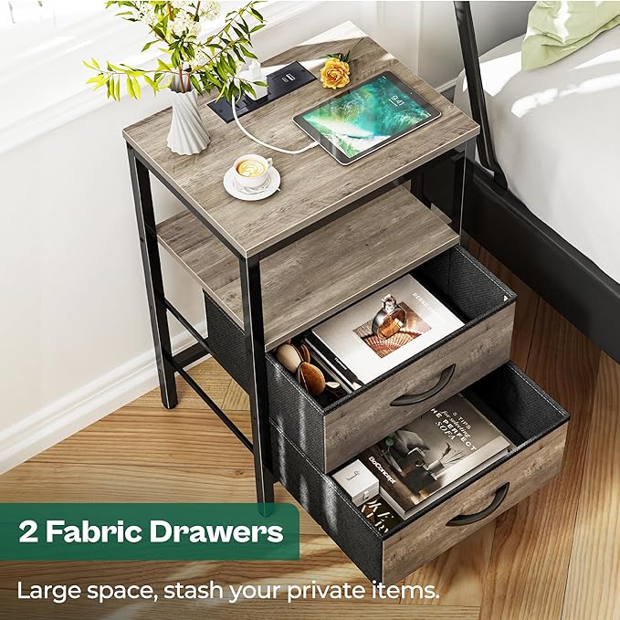 Huuger Nightstand with Charging Station, Fabric Drawers, End Table with Open Shelf, Bedside Table with USB Ports and Outlets, Night Stand for Bedroom, Oak