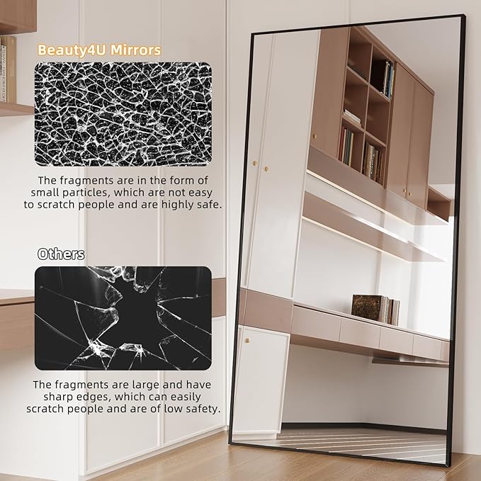 Beauty4U 76" x 37" Large Full Length Mirror With Stand, Black Wall Mounting Full Body, Metal Frame for Living Room, Bedroom