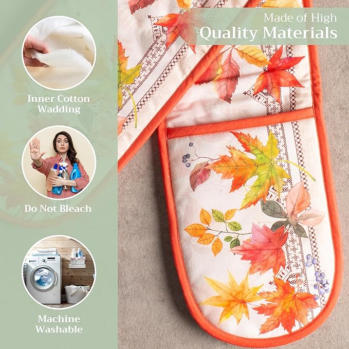 Maison d' Hermine Double Oven Mitt (7" x 35") 100% Cotton Heat Resistant BBQ Cooking Gloves with Loop for Thanksgiving Christmas Decorations Baking Cooking Barbeque Handling Hot Pan (Amarante)