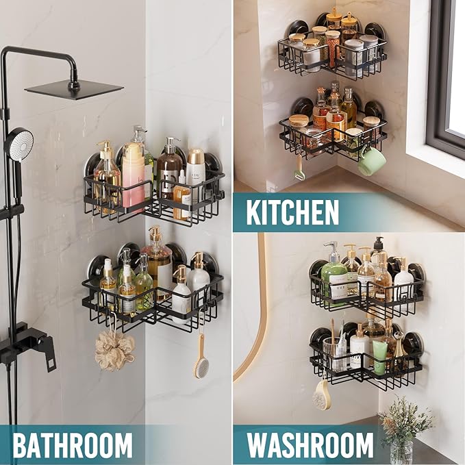 TAILI Corner-adaptive Suction Cup Shower Caddy 2 Pack, Stainless Steel Rustproof Corner Shower Shelves, Drill-Free Wall Mounted Baskets, Large Capacity, Removable Suction Cup Bathroom Organizer, Black