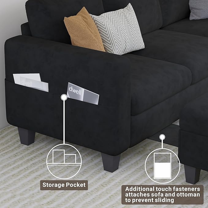 Sectional Sofa Couches for Living Room - 78'' Black 3 Seat L-Shaped Couch with Storage Ottoman, Modern Velvet Convertible Sectionals Sofas with Chaise for Apartment, Office, Small Space