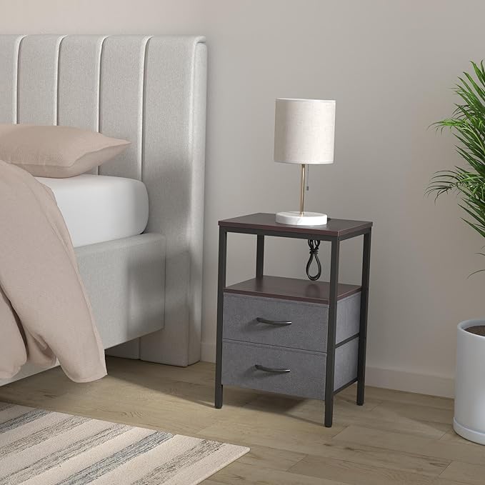 Huuger Nightstands Set of 2, End Tables with Charging Station, Fabric Drawers, Bedside Tables with USB Ports and Outlets, Night Stands for Bedroom, Walnut, 8695NC