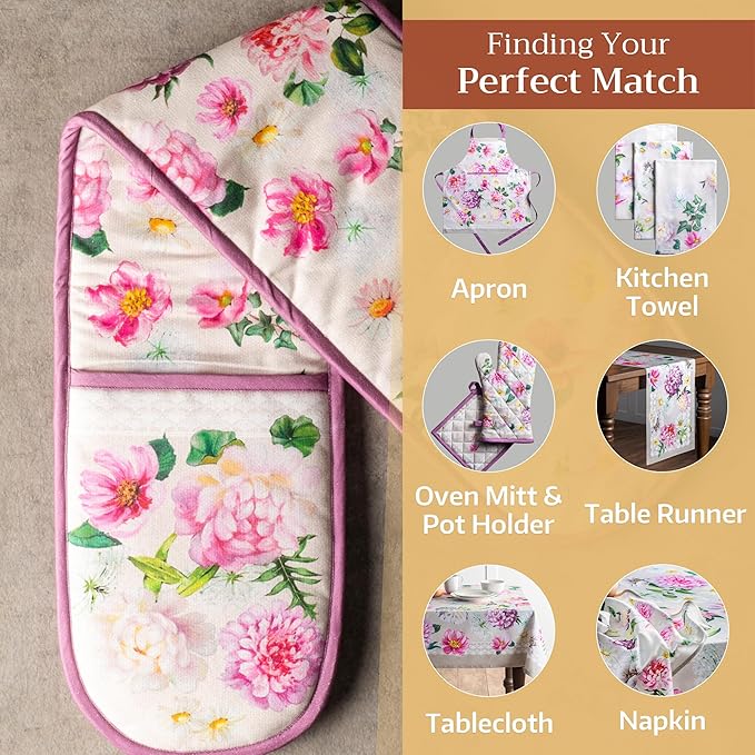 Maison d' Hermine Pivoine 100% Cotton Easter Double Oven Glove with Loop Heat Resistant for BBQ | Cooking | Baking | Grilling | Microwave | Barbecue | Spring/Summer (7.5 Inch by 35 Inch)